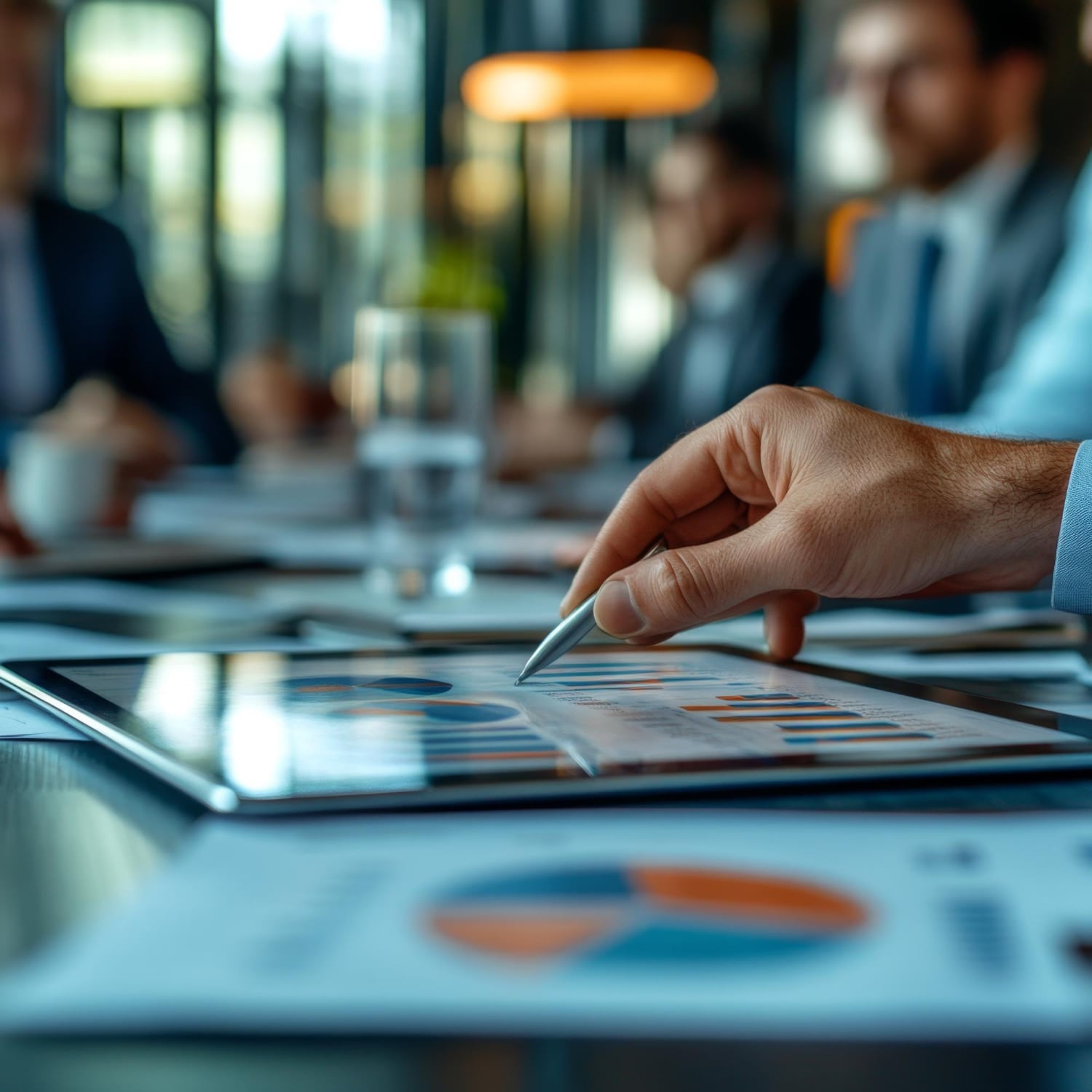 Analityk SimpleTax przegląda raport finansowy na tablecie podczas spotkania biznesowego.