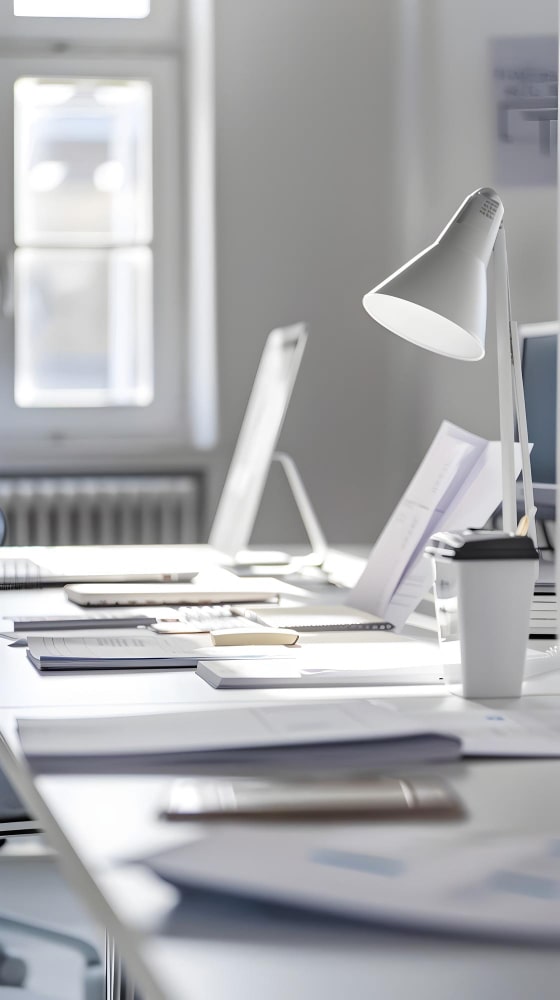 Biurko w nowoczesnym biurze rachunkowym SimpleTax z dokumentami i komputerem w jasnym wnętrzu.